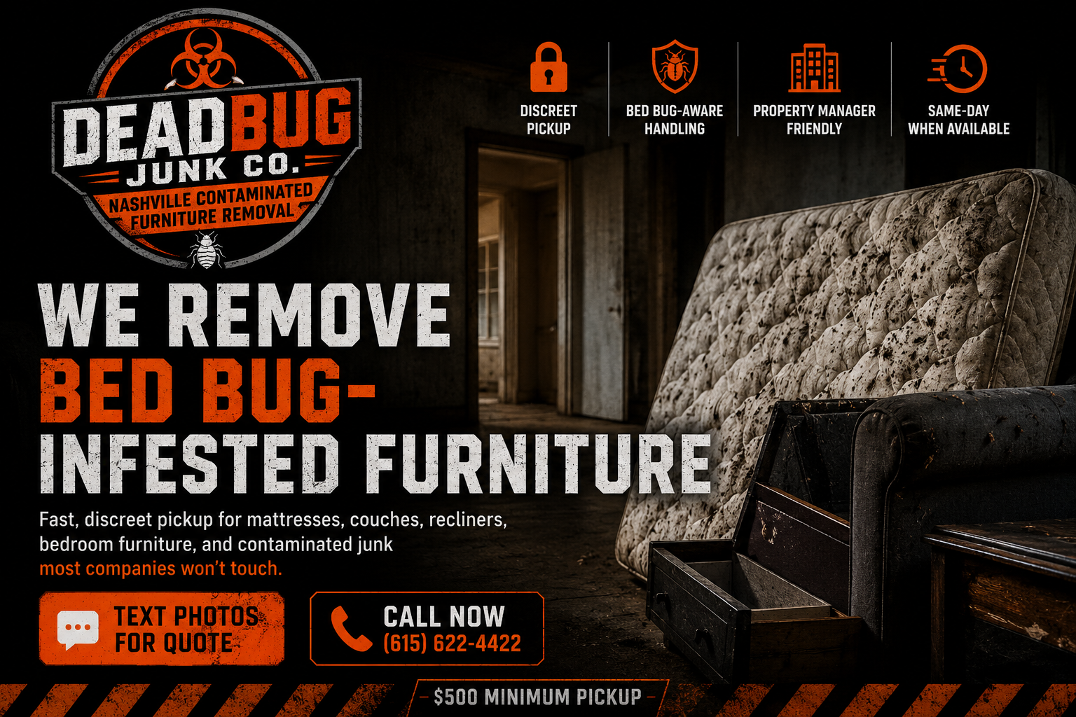 DeadBug Junk Co. branded removal scene with infested furniture